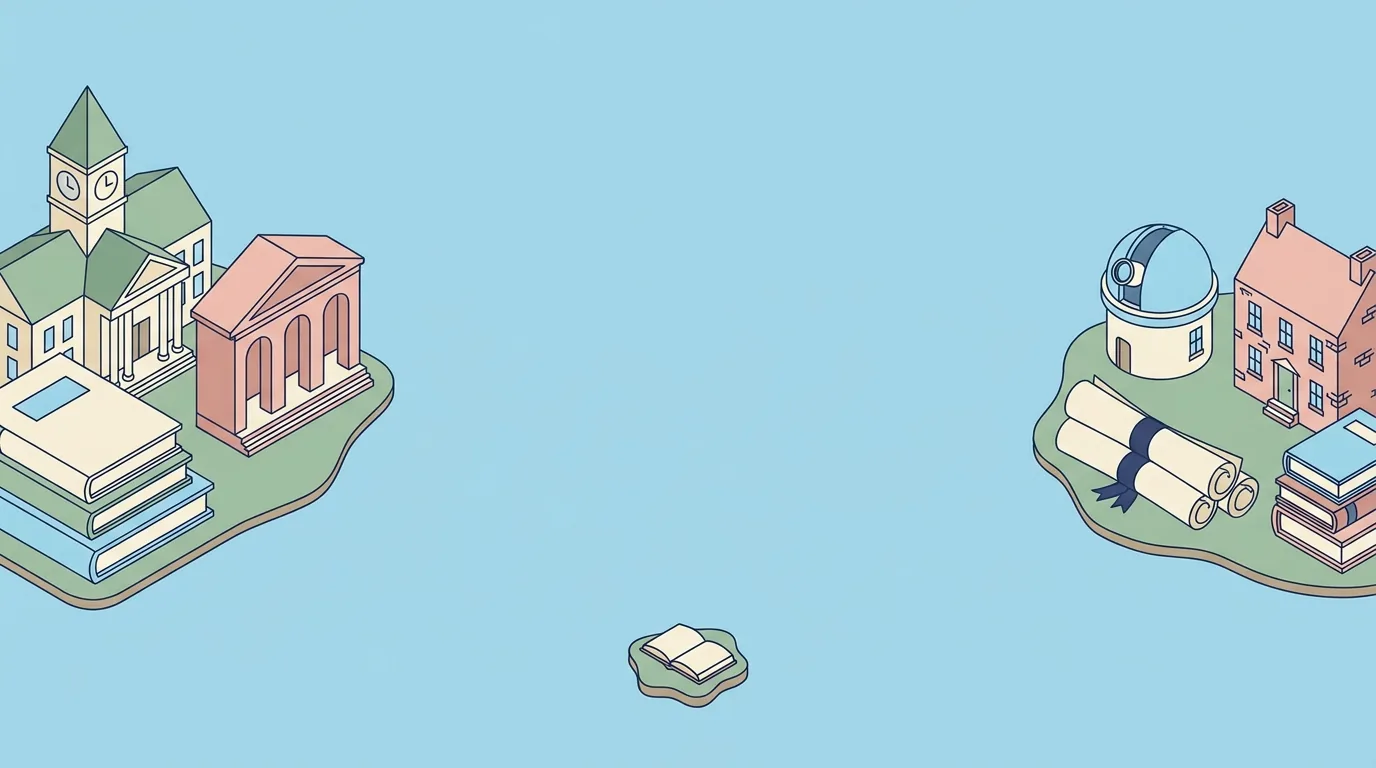 Ilustrasi pulau kampus riset yang ramai dengan menara perpustakaan